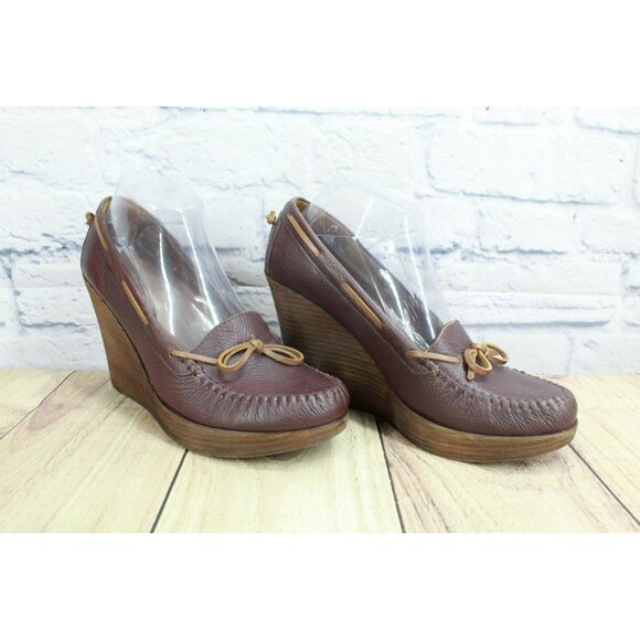 LL Bean Brown Leather Wedge Heel Moccasin Loafer Platform Shoes Size 9.5 M - Picture 3 of 9